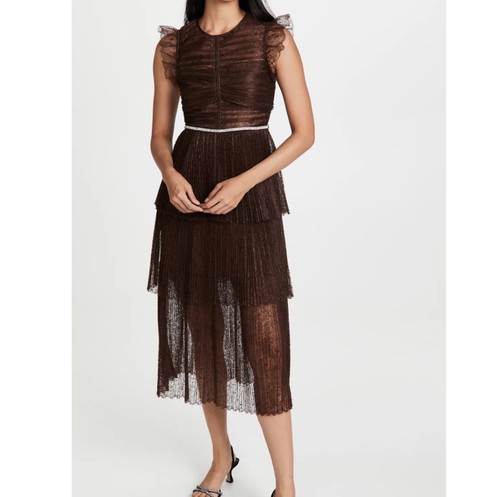 Self-Portrait Brown Lace‎ Tiered Midi Dress Ruched Ruffle Sleeveless US 4